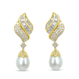 18k Yellow Gold 7.0 Cttw Baguette and Round Diamond South Sea Pearl Drop Dangle Clip-On Earrings (F-G Color, VS1-VS2 Clarity)