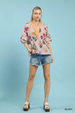 Umgee Floral Puff Sleeve Blouse with Scallop Trim Collar