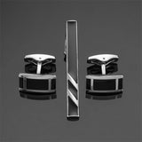Black Enamel Silver Diagonal Stripes Tie Clip Cuff Buckle Set