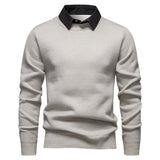 Mens Faux Two-piece Base-layer Knit Casual Shirt-collar Sweater