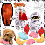 Glimin 13 Pcs Halloween Hide and Seek Dog Toys Halloween Coffin Mummy Dog Toys with Organs Burrow Interactive Dog Toys Halloween Stuffing Body Dog Squeaky Toys for Halloween Decor Dog Training