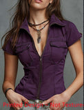 Short-sleeved Shirt With Lapel, Zipper, Waist-cinching, Short Length And Multi-style Design Sense