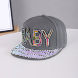 Men's And Women's Identical Colorful Diamond BABY Letter Hot Stamping Diamond Brim Hat. This Stylish Hip-hop Style Flat Brim Hat Is Suitable For Personalized Streetwear Outfits.