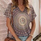 Womens Bohemian-Style Printed Short-Sleeve V-Neck Blouse