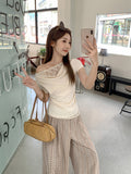 Korean Style Lace Stitching Swing Collar Off-shoulder Short Sleeve T-shirt