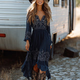 Denim Ethnic-Style Floral Print Lace-Up Vintage Dress