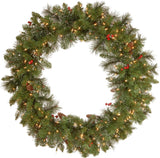 National Tree Company 24 in Pre-Lit Crestwood Spruce Artificial Christmas Wreath, Christmas Decoration with Glitter, Pinecones, Red Berries, 50 Clear LED Lights, 160 Tips, Timer, Green