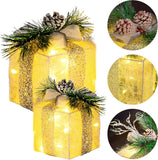 Hourleey Set of 3 Christmas Lighted Gift Boxes, Pre-lit 60 LED Light Up Present Boxes Ornament Outdoor Warm White Tinsel Boxes Decoration for Indoor Christmas Home Yard Lawn Decor