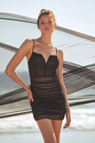 Lulus Here and Wow Black and Beige Ruched Bodycon Mini Dress, Size Large