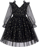 IMEKIS Toddler Kids Girls Tulle Dress Floral Embroidery Sparkly Wedding Party Long Sleeve Fall Photo Shoot Outfit 2-8T