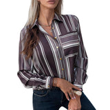 Elegant Sophisticated Striped Patchwork Print Blouse With Long Sleeves For Workwear