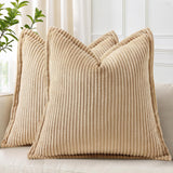 decorUhome Christmas Corduroy Cream White Throw Pillow Covers 18x18 Set of 2 Decorative Soft Boho Farmhouse Euro Couch Pillow Covers for Living Room Bed Sofa Broadside Striped Pillow Cases