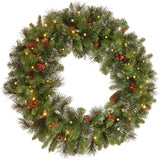 National Tree Company 24 in Pre-Lit Crestwood Spruce Artificial Christmas Wreath, Christmas Decoration with Glitter, Pinecones, Red Berries, 50 Clear LED Lights, 160 Tips, Timer, Green