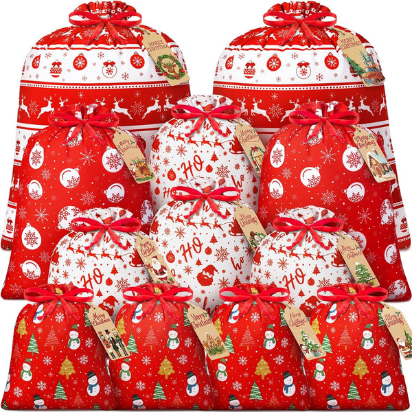 12PCS Christmas Gift Bags Assorted Sizes Bulk, Holiday Gift Bags with Tags, Large Medium Small Xmas Gifts Bag, Fabric Christmas Wrapping Bags Drawstring Gifts Bag for Xmas Presents Party Favors Sack