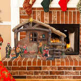 Christmas Nativity Stable, Christmas Decoration Resin Nativity Scene, Hand Painted Jesus Birth Manger Figurines with LED Light, Classic Xmas Table Ornaments for Holiday Indoor Tabletop Fireplace Gift