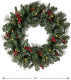 National Tree Company 24 in Pre-Lit Crestwood Spruce Artificial Christmas Wreath, Christmas Decoration with Glitter, Pinecones, Red Berries, 50 Clear LED Lights, 160 Tips, Timer, Green