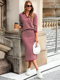 Glamaker Womens 2 Piece Skirt Sets Striped Sweater Dress Casual Polo Neck Knit Long Sleeve Midi Dresses Fall Fashion Outfits