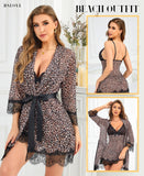 RSLOVE Women Sexy Lingerie Set 3 Piece Babydoll & Lace Kimono Robe Strap Chemise Mesh Nightgown Wine Red M