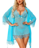 RSLOVE Women Sexy Lingerie Set 3 Piece Babydoll & Lace Kimono Robe Strap Chemise Mesh Nightgown Wine Red M