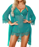 RSLOVE Women Sexy Lingerie Set 3 Piece Babydoll & Lace Kimono Robe Strap Chemise Mesh Nightgown Wine Red M