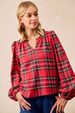 BiBi Christmas Plaid Balloon Sleeves Ruffled V-Neck Top