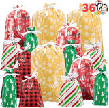 JOYIN 36 PCS Christmas Drawstrings Gift Bags Assorted Sizes(Large Medium Small), Xmas Reusable Plastic Bag for Presents Wrapping, Holiday Party Favors
