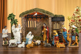 Fovths 17 Pieces Lighted Nativity Christmas Nativity Stable Manger Religious Nativity Stable Manger Figurine Resin Decor for Deluxe Edition Led Nativity Tabletop Holiday Centerpieces Decor, 7 Inch