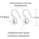 925 Sterling Silver 7.5-8mm White Freshwater Cultured Pearl Dangle Drop Earrings