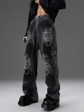 Retro Distressed Denim Jeans With Pearl And Metal Hardware Work Pants