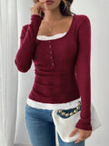 Women's Lace Stitching Crew Neck T-shirt Top