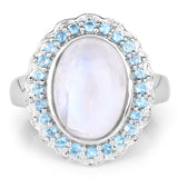 7.21 Carat Genuine White Rainbow Moonstone & Swiss Blue Topaz .925 Sterling Silver Ring