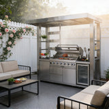 Castelle Flame Astoria 94-Inch 6-Burner 85K BTU Outdoor Kitchen Grill Island With Wine Cooler, Rotisserie, Cabinets, And Granite Countertops (SAK68014)