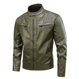 Mens Stand-Up Collar Leather Jacket Slim-Fit Leather Biker Coat For Men
