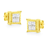 14K Yellow Gold 1.0 Cttw Invisible Set Princess-Cut Diamond Composite 8 Stone Stud Earrings (I-J Color, SI1-SI2 Clarity)