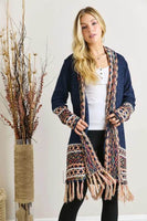 ADORA Full Size Fringe Hem Aztec Border Cardigan Plus Size