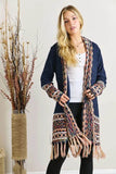 ADORA Full Size Fringe Hem Aztec Border Cardigan Plus Size