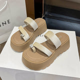 2026 Summer French Rhinestone Platform Slide Sandals, Toe Post Chunky Sole Fairy Style Casual Versatile Beach Slippers