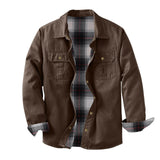 Washed Canvas Work Jacket With A Plaid Lining, Durable And Warm