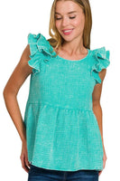 Zenana Double Gauze Acid Washed Tiered Ruffle Peplum Top
