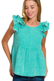 Zenana Double Gauze Acid Washed Tiered Ruffle Peplum Top