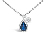 14K White Gold 6x4mm Pear Blue Sapphire and Diamond Accent Charm Pendant Necklace - 18" Inches