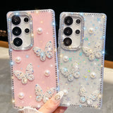 Glitter Powder Pearl Butterfly Style Phone Case With Rhinestones