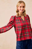 BiBi Christmas Plaid Balloon Sleeves Ruffled V-Neck Top