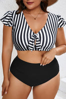 Black Stripe Knot Cutout Ruffle Sleeve and High Waisted 2pcs Swimsuit