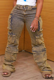 Workwear Style Distressed Washed Denim Jeans