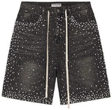 Straight-leg Rhinestone-studded Denim Shorts