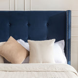Peyton Upholstered Queen Bed with 54' High Headboard and Traditional Buttoned Tufting in Blue Velvet