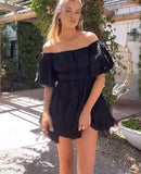 Women Casual Summer Dress Fashion Sexy Solid Color Elegant Short Puff Sleeve Off-shoulder Tunic Dress Brown/White