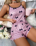 Women Heart Print Pajama Set Spaghetti Strap Cami Top and Shorts Soft Breathable Summer Sleepwear Casual Loungewear Set