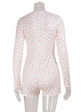 Ahagaga Casual Women Playsuits O-Neck Regular Long Sleeves Print Single Breasted Skinny Homewear Floral Sweet Femlae Rompers